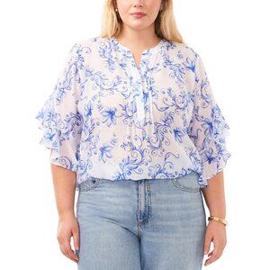 Vince Camuto Plus Size 3X Printed Pintuck Flutter 3/4-Sleeve Blouse Blue MSRP$89
